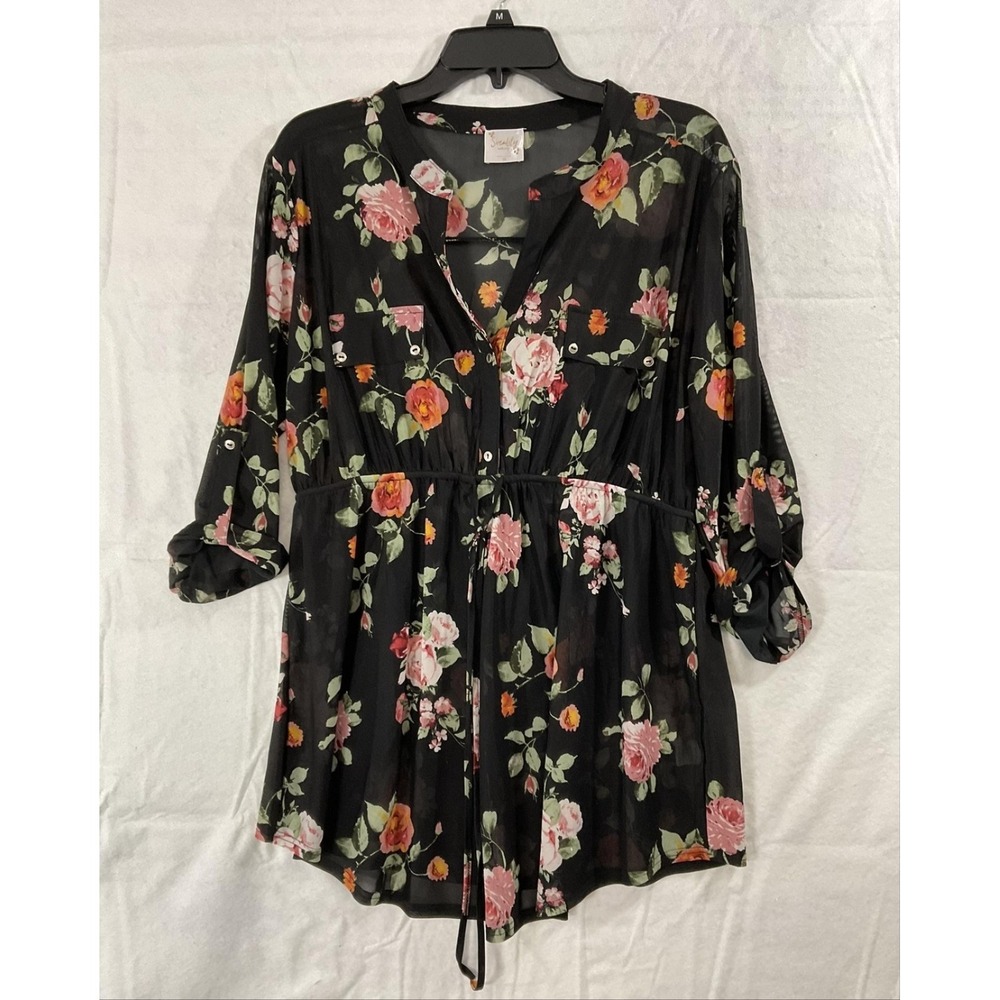Sirenlily Dress Womens 1X Black‎ Floral Chiffon Sheer 3/4 Roll Tab Maternity